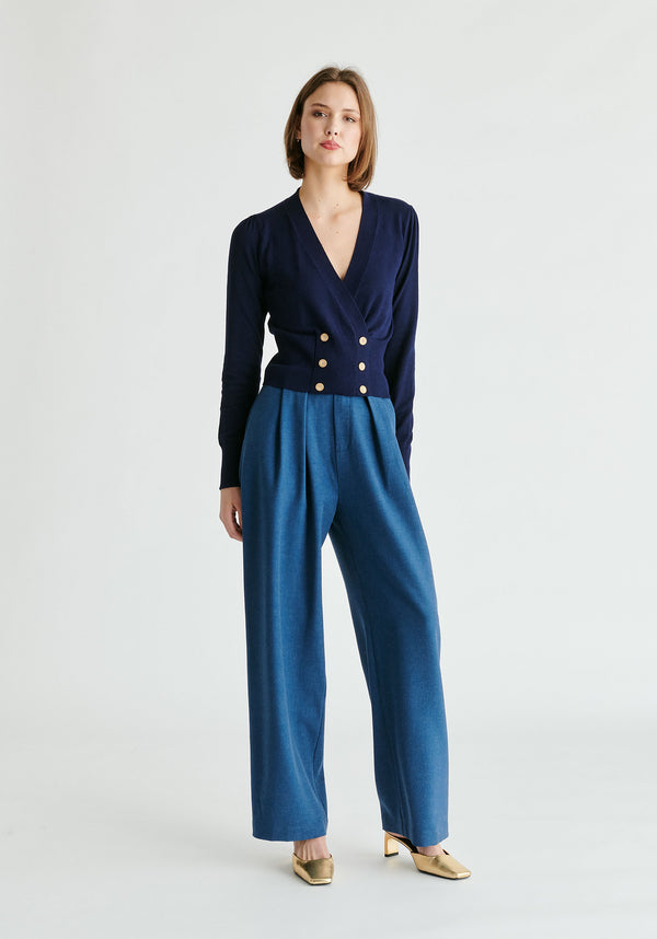 Long Sleeve Knitted Button Wrap Top in Navy Front